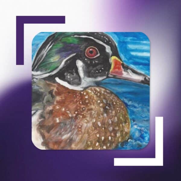 a close up of a wood duck coaster