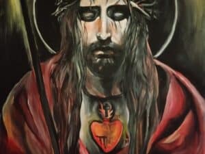 a painting of a Jesus with the Crown of Thorns and Sacred Heart