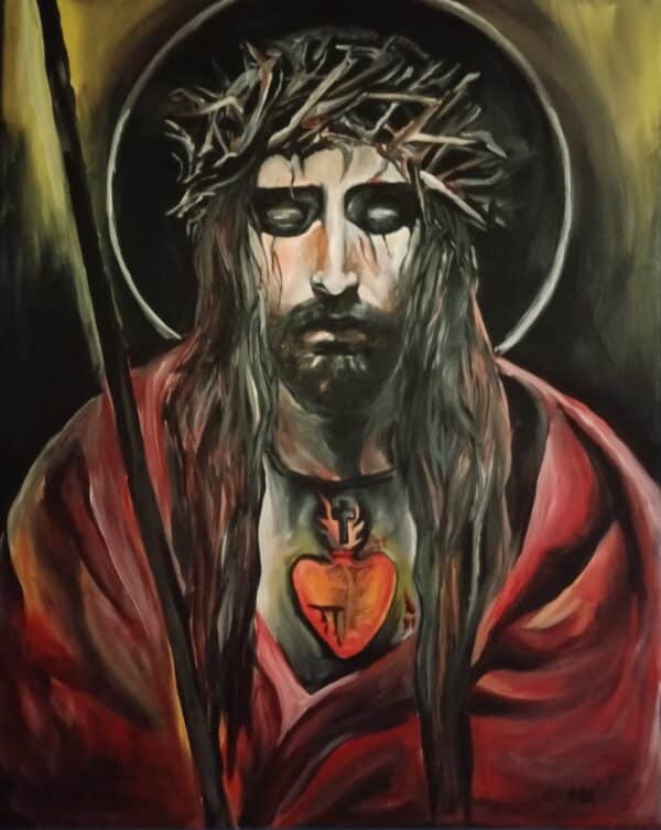 a painting of a Jesus with the Crown of Thorns and Sacred Heart