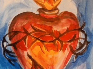 a painting of a Blue Sacred Heart of Jesus