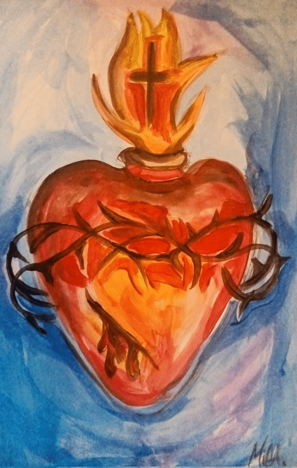 a painting of a Blue Sacred Heart of Jesus